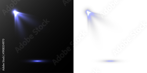 Cool blue spotlight with a sharp luminous core and soft volumetric rays, creating a futuristic lighting effect on a dark background.