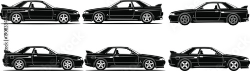 Sports car side view silhouettes set showing multiple automobile variations, wheel designs, and coupe profiles illustration isolated on white backgroundSports car side 
