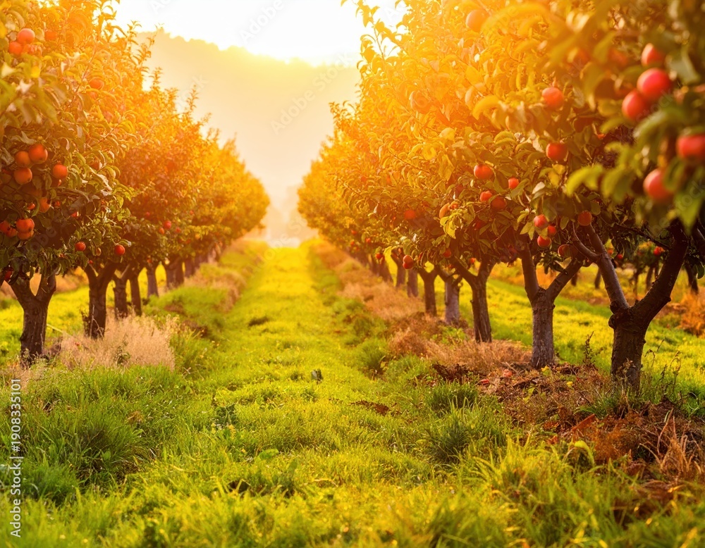 Fototapeta premium Serene Apple Orchard at Sunset with Glowing Golden Light