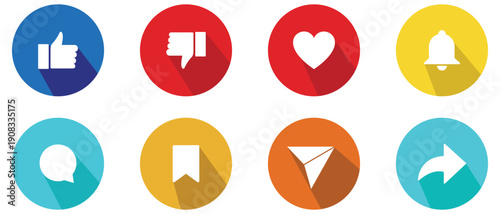 Like, dislike, love, notification, comment, share, save, reaction icon to posts on social media. Like comment share save button icon set. Vector illustration.