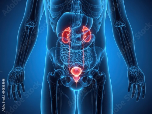 Detailed anatomical illustration of the human urinary system with kidneys highlighted
