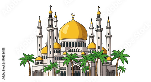 A vibrant vector illustration capturing the grand architecture of a magnificent mosque, featuring a prominent golden dome, multiple towering minarets, and surrounding palm trees clean white background