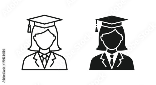 Two black and white line art icons depict graduating female students wearing caps and gowns high quality professional