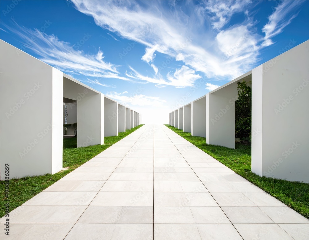 Fototapeta premium Modern Architecture Pathway Surrounded by White Structures and Sky