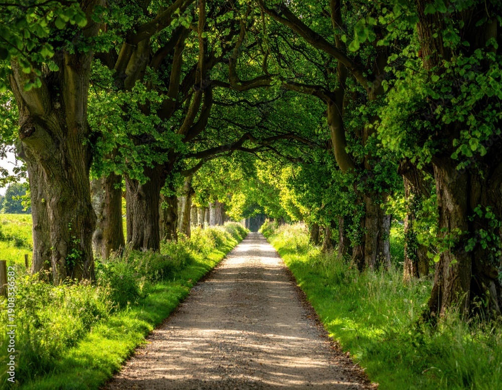 Fototapeta premium Lush Green Tree Canopy Over a Serene Pathway in Nature's Embrace