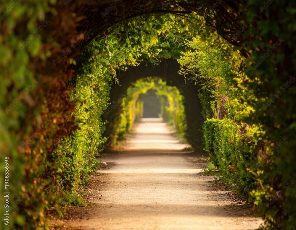 Obraz premium Serene Garden Pathway Surrounded by Lush Greenery and Arches