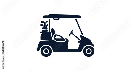 A dark blue silhouette depicts a golf cart with clubs showcasing its simple iconic design high quality professional