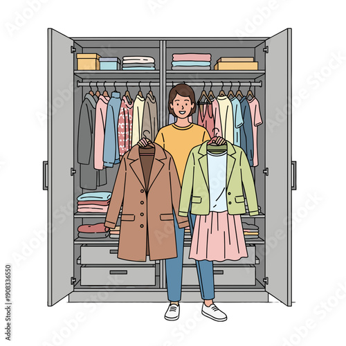 A person happily choosing clothes from an organized wardrobe, with different clothing items hanging inside
