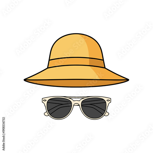 A yellow sun hat and sunglasses, perfect for a day at the beach or a sunny outing. These accessories evoke a sense of leisure and style