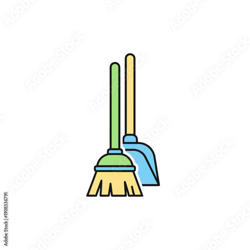 Illustration of a broom and dustpan. Cleaning tools represented with flat design