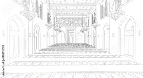 Minimalist Line Art Sketch of Mosque Interior Prayer Hall