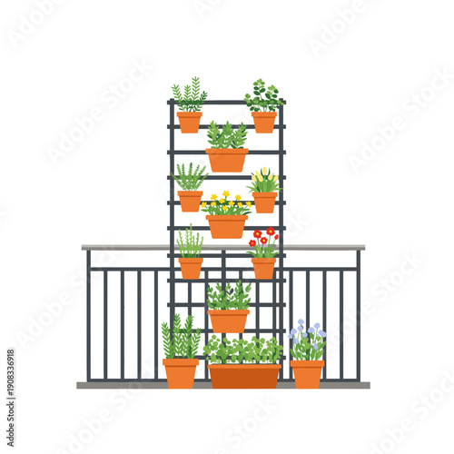 A collection of potted plants adorn a stylish balcony