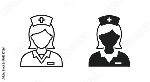 A simple black and white illustration depicts two female nurses in uniform showcasing different styles high quality professional