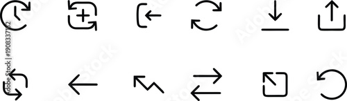 Arrow icon set for user interface and navigation design. Hand drawn outline symbols show directions, refresh, upload, and download actions for apps and websites. Clean minimal graphics improve 