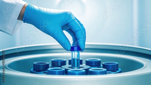 Hand in Nitrile Glove Placing Sample Vial in Centrifuge Chamber