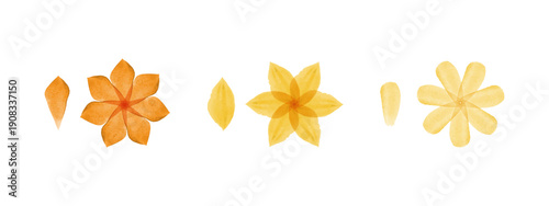 Three distinct watercolor compositions showcase stylized orange and yellow flowers. Next to each flower are individual, delicate petals.