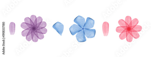Watercolor flowers in shades of purple, blue, and pink are presented with individual petals. Each multi-petaled bloom is paired with a distinct, complementary petal shape.