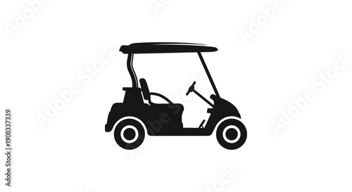 A simple black silhouette depicts a golf cart showcasing its basic shape and design on a white background