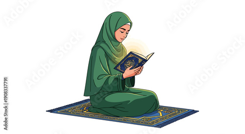Illustration of a devout Muslim woman in a tranquil setting, reading a sacred text on a prayer mat, embodying spiritual devotion, reflection, and cultural reverence