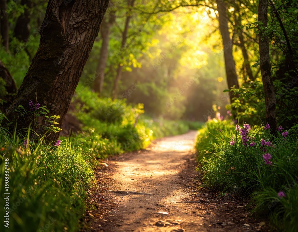 Fototapeta premium Serene Nature Pathway Surrounded by Vibrant Green Foliage and Flowers