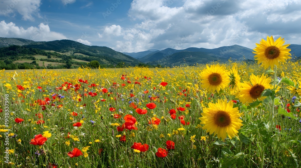 Fototapeta premium Vibrant Sunflower and Poppy Field Under a Cloudy Sky.