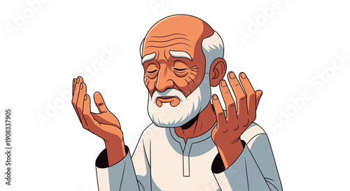 An elderly man with a beard, his eyes closed, in prayer or deep contemplation with his hands raised in supplication