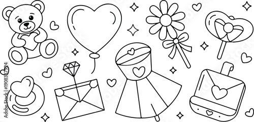 Hand drawn flowers and hearts vector design set for love and celebration cards