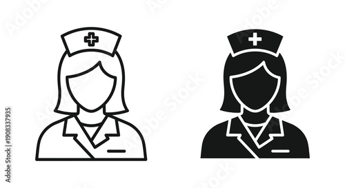 A simple black and white illustration depicts two faceless nurse icons in uniform showcasing different styles high quality