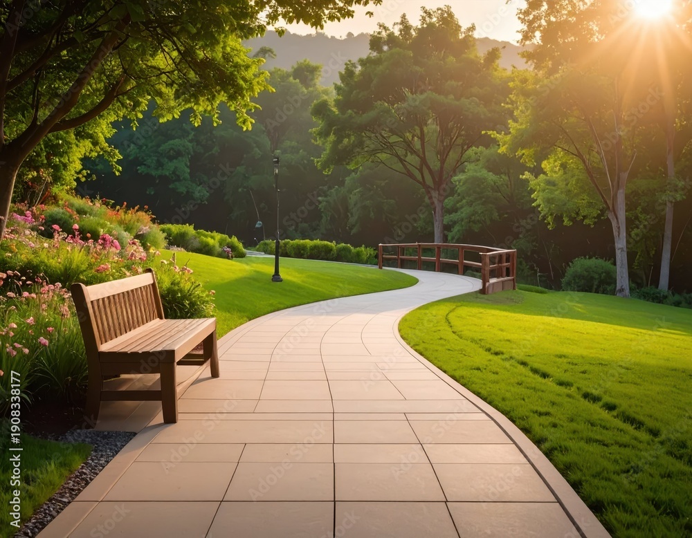 Fototapeta premium Tranquil Park Pathway with Blooming Flowers and Wooden Bench
