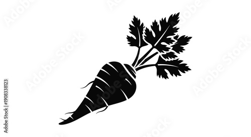 A stark black and white silhouette depicts a single carrot with visible leafy green tops high quality professional detailed modern
