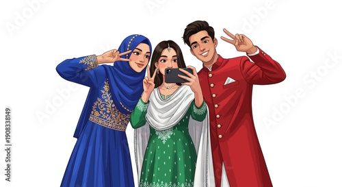 Three friends taking a selfie together wearing traditional attire and smiling while making peace signs, capturing a joyous moment of togetherness and cultural celebration
