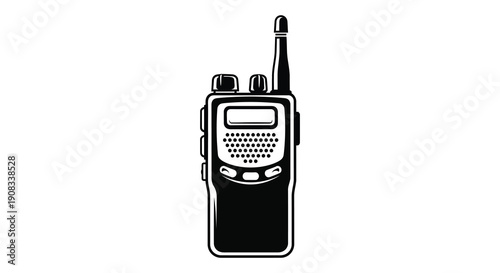 A detailed black and white illustration depicts a handheld walkie talkie showcasing its buttons and antenna high quality professional