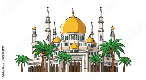 A vibrant vector illustration capturing the grand architecture of a magnificent mosque, featuring a prominent golden dome, multiple towering minarets, and surrounding palm trees clean white background