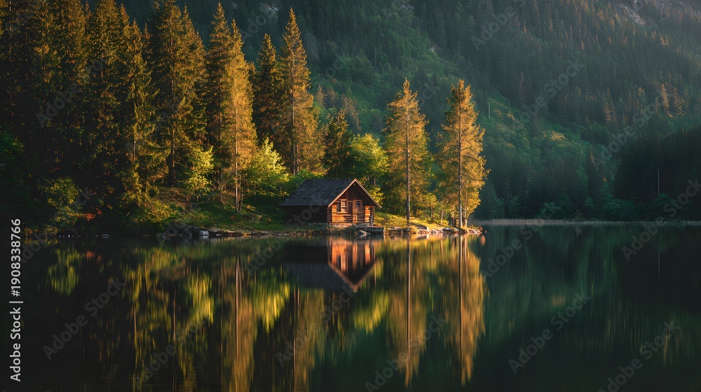 Obraz premium Serene Lakeside Cabin Nestled Among Pine Trees at Sunrise.