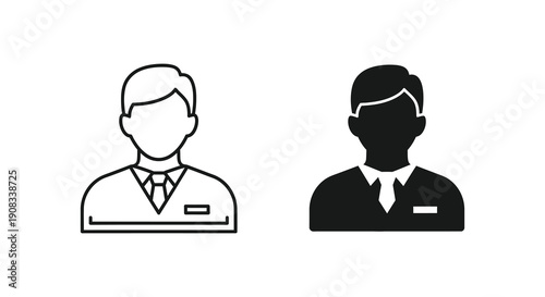 A pair of simple black and white icons depicting a man in a suit with a name tag high quality