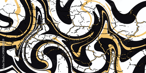 Black, white, and gold abstract marble pattern design with fluid shapes of color. grunge lines ikat pattern, ikat seamless pattern, Vector illustration background for print the paper.