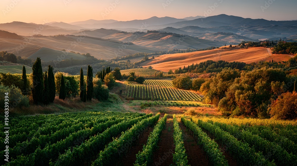 Naklejka premium A panoramic view of a vineyard in the countryside at sunset