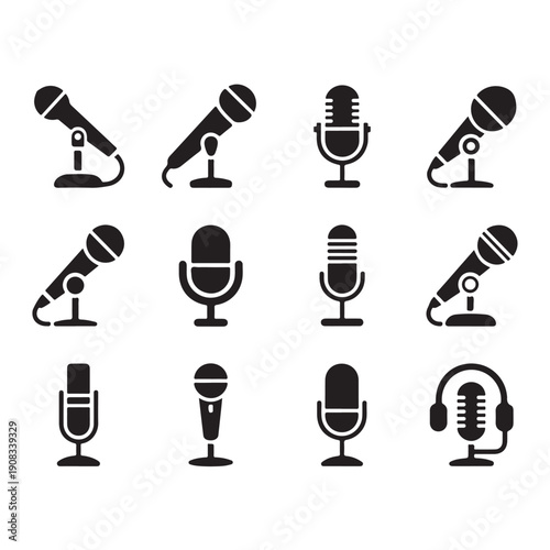 Collection of diverse microphone icons in black silhouette style, representing audio equipment for broadcasting and recording, transparent
