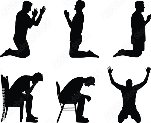 Man, silhouette, praying, kneeling, worship, faith, spirituality, hope, desperation, gratitude, black, figures, isolated, white, background, religion, meditation, emotion, belief, illustration
