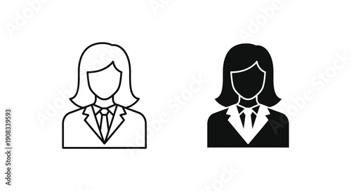 Two monochrome icons depict a woman in professional attire showcasing both a white and black version of the design