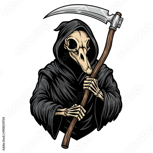 Grim reaper with duck skull head wearing black robe and holding sharp scythe vector illustration