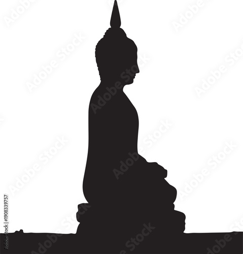 Silhouette of a serene buddha statue in a meditative pose on a pedestal.