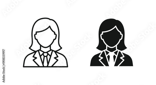 A pair of black and white line art icons depicting professional women in business attire side by side high quality