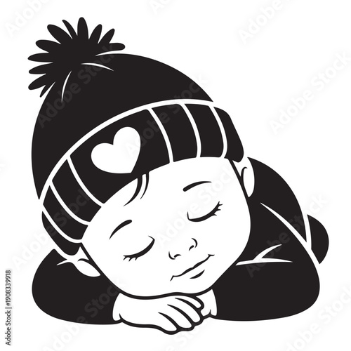 Sleeping baby illustration wearing warm winter hat with heart detail for nursery decor baby shower card and cute infant clothing print design