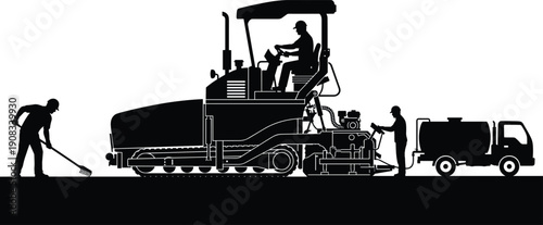 Road construction crew silhouette, asphalt paver machine with workers raking and fuel tanker truck, detailed industrial paving equipment vector