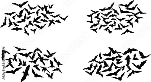Set of Black Silhouette Vector Illustrations Featuring Flocks of Flying Bats for Halloween Spooky Horror Night and Gothic Nature Forest Graphic Designs