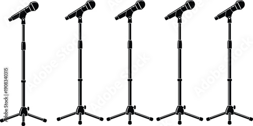 Set of five black microphone stand icons with microphones in various heights and positions isolated on a white background,