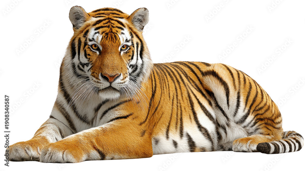 Obraz premium Majestic Tiger Portrait: A stunning tiger lounges, its powerful form exuding grace. This captivating portrait highlights the animal's intense gaze and distinctive striped coat. 
