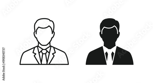 Two monochrome icons depict a man in a suit one as an outline and the other as a silhouette