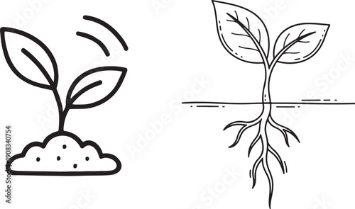 PrintSeedling Growth Icons Set – Sprout in Soil and Root System Line Illustration